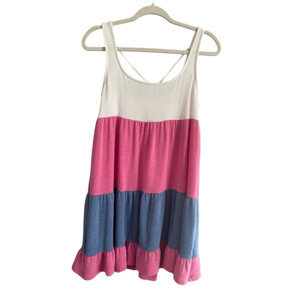 Emerald Colorblock Tiered Mini Dress White Pink Blue S - Picture 8 of 9